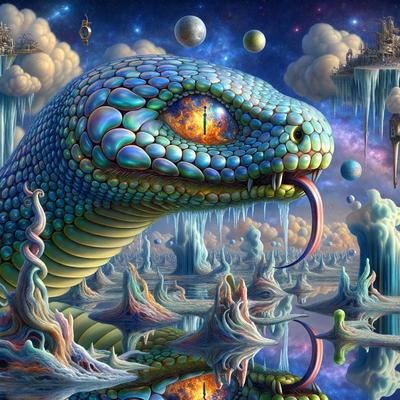 Primary subject: A large, colorful, and intricately designed snake with a blue and green pattern.

Setting/background: The snake is surrounded by a surreal, fantastical landscape featuring a variety of objects, such as a castle, a clock, and a series of spheres. The scene is set against a backdrop of a starry sky.

Visual style: The image is a digital artwork, showcasing the artist's creativity and attention to detail.

Colors and